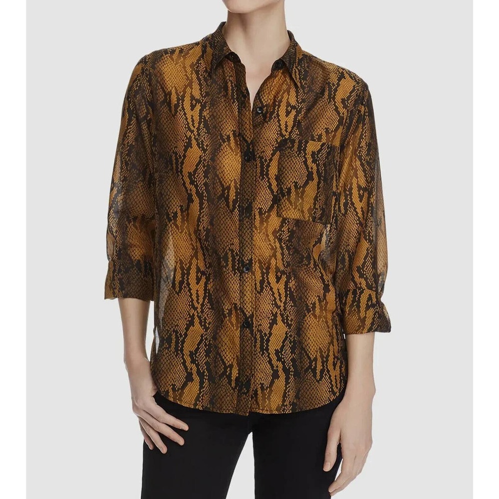 Current Elliott Brown Black Sheer Button Blouse Shirt Top Snake Python P…